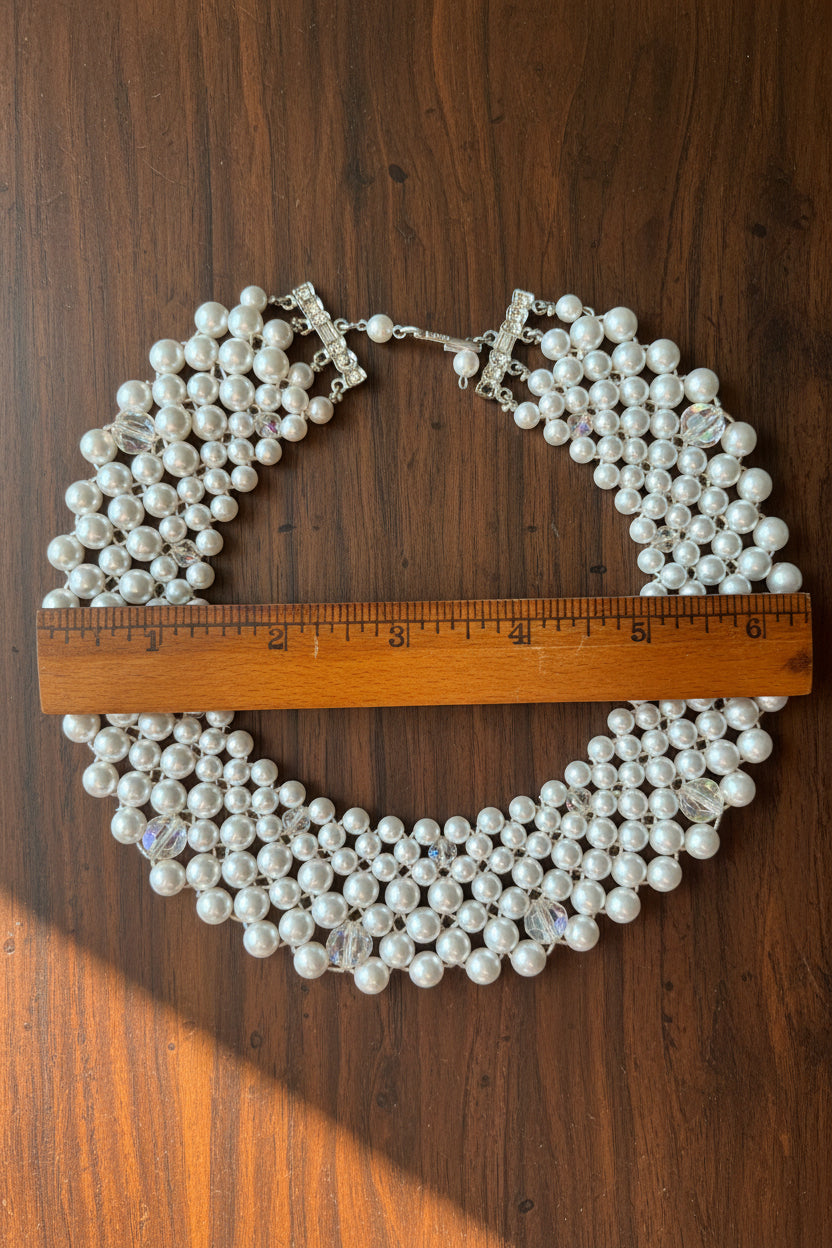 Vintage faux pearl bib necklace with rhinestone accents