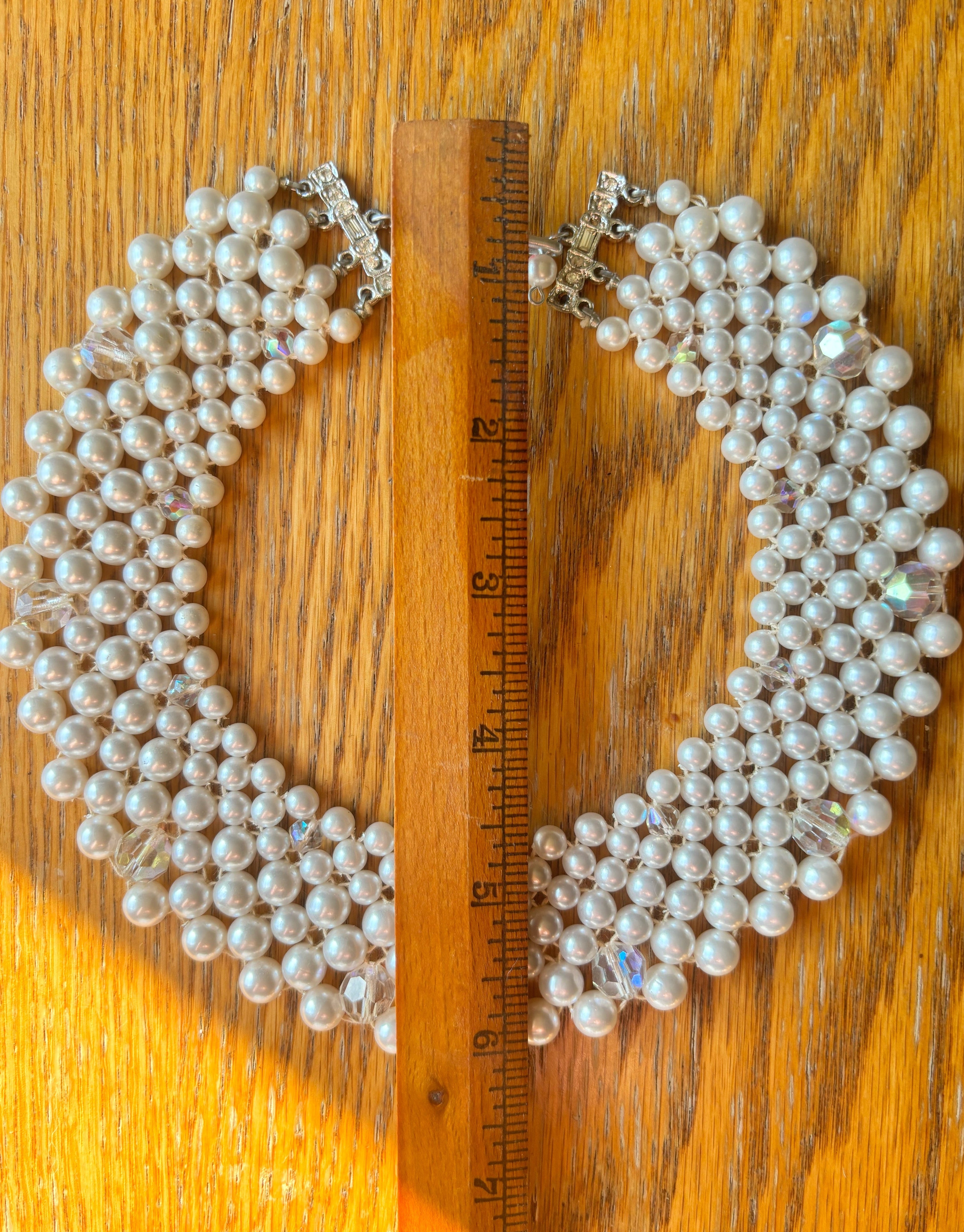 Vintage faux pearl bib necklace with rhinestone accents