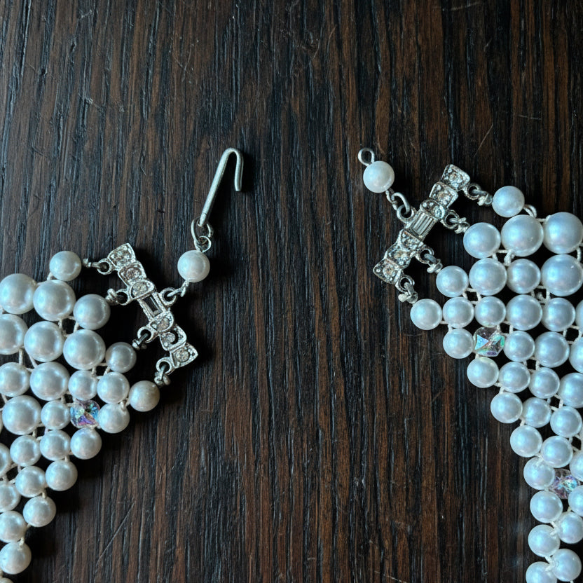 Vintage faux pearl bib necklace with rhinestone accents