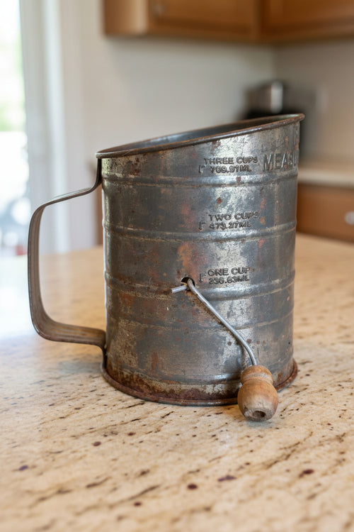 Vintage Ekco 3 cup Measuring Sifter with Wood Knob