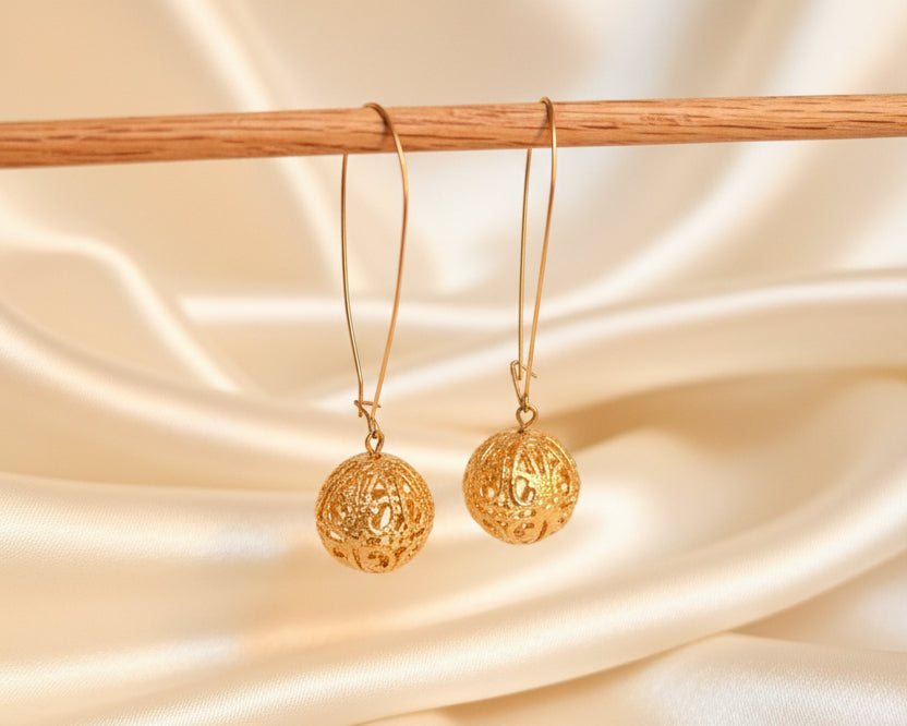 Pair of  Gold-Tone Filigree Ball Drop Earrings
