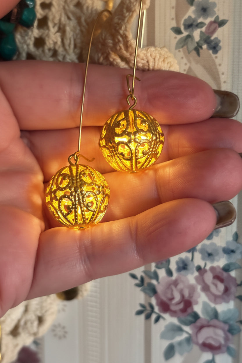 Pair of  Gold-Tone Filigree Ball Drop Earrings
