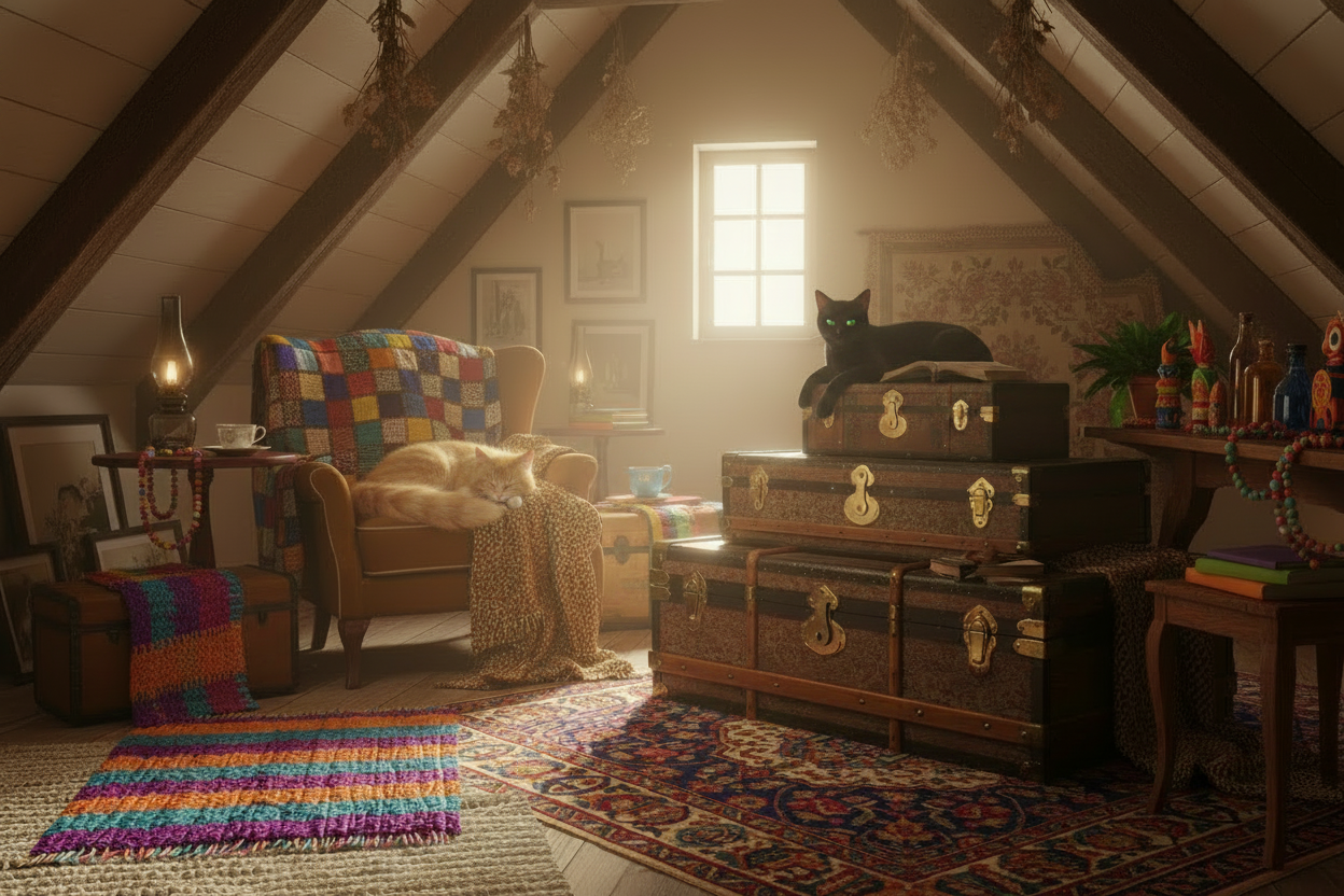 Cozy Attic with Cats and Plate
